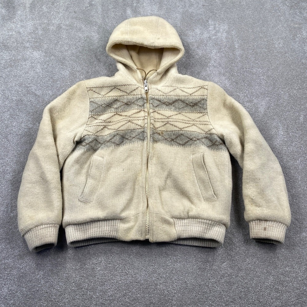 VTG‎ Kelsey Trail Wool Zip Up Hooded Sweatshirt Size M Ivory White Geometric